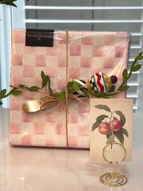 MacKenzie-Childs Rosy Check Napkin and Spreader Gift Set-NEW